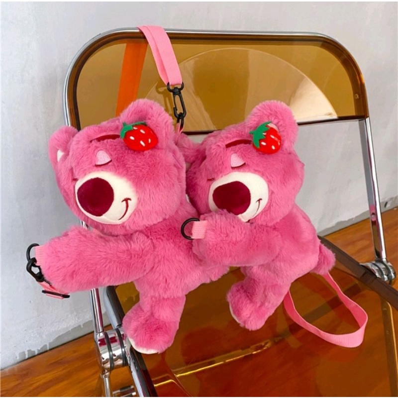 Tas Slempang Boneka Lotso Sling Bag Fashion Motif Kartun Karakter Hewan Bahan Yelvo Halus Berstandar SNI