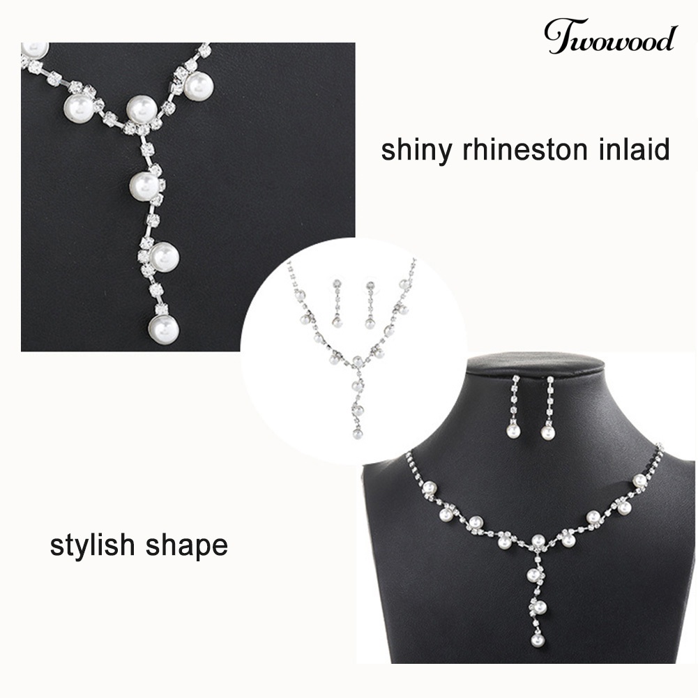 Twowood Fashion Wanita Berlian Imitasi Mutiara Imitasi Liontin Kalung Stud Earrings Set Perhiasan