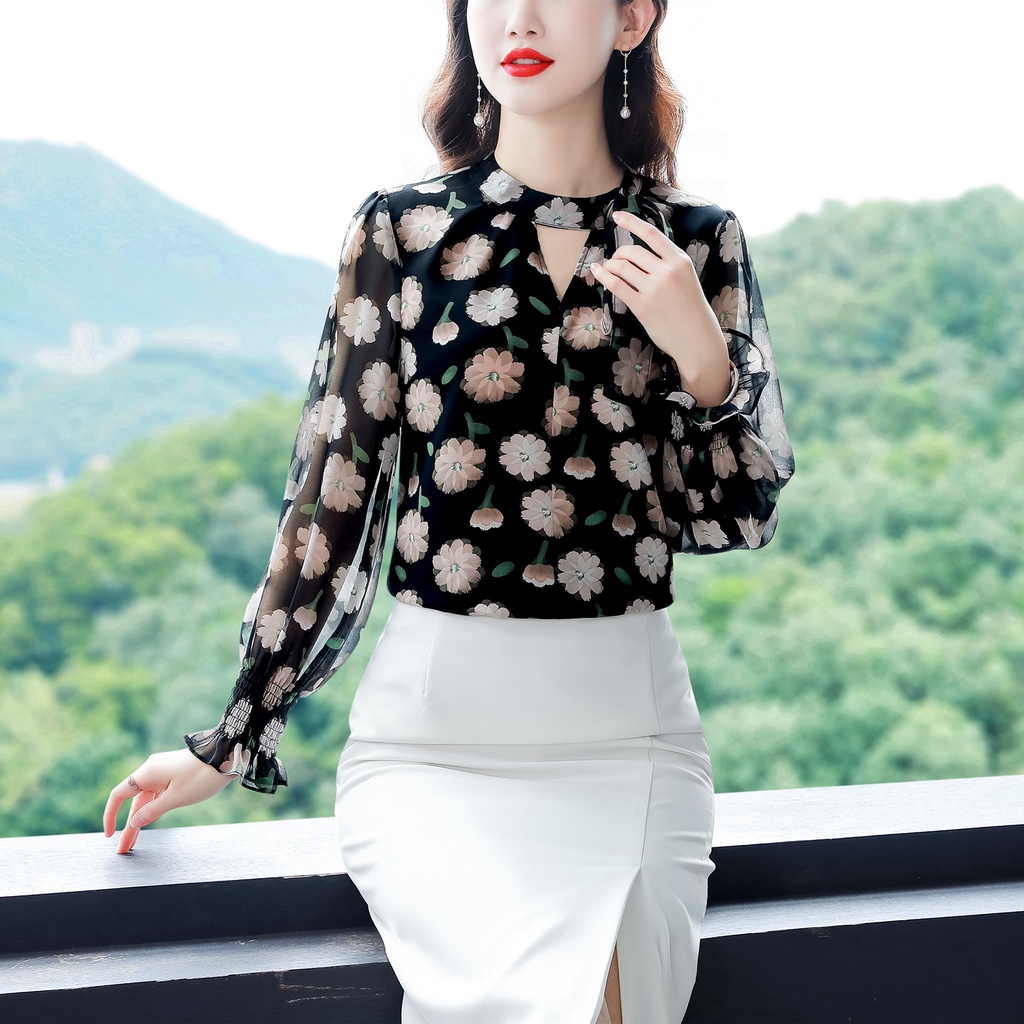 Fashion Kain Sifon Berkualitas Tinggi Gaya Korea Blus Lengan Panjang Hitam Atasan Kasual Blus OL Bunga Korean Style Casual Black Long Sleeve Chiffon Blouse