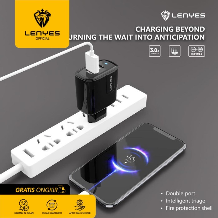 Lenyes LCH345 EU Kepala Charger Adaptor USB+TypeC Slot 3A 20W Original - Black original kabel cable casan travel charger tc android usb charger micro usb type c batok kepala charger