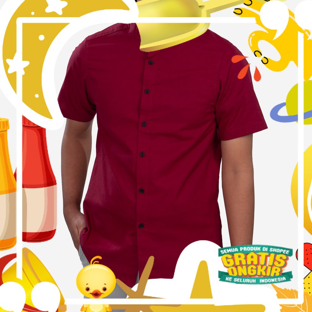 New 3925 Baju Kemeja Koko Pria Shanghai Slimfit Grandad Merah Maroon SImple Polos Unisex Distro/ Tre