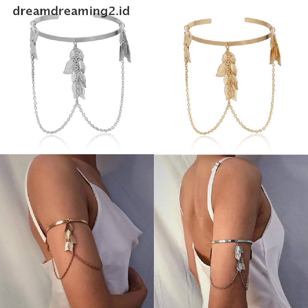 (hot) Boho Retro Daun Upper Cuff Bangle Ban Lengan Lengan Budak Rantai Gelang Perhiasan//