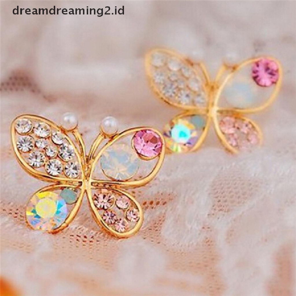 (hot) Ladies Chic Indah Kristal Berlian Imitasi Berongga Kupu-Kupu Ear Stud Earrings Hadiah//