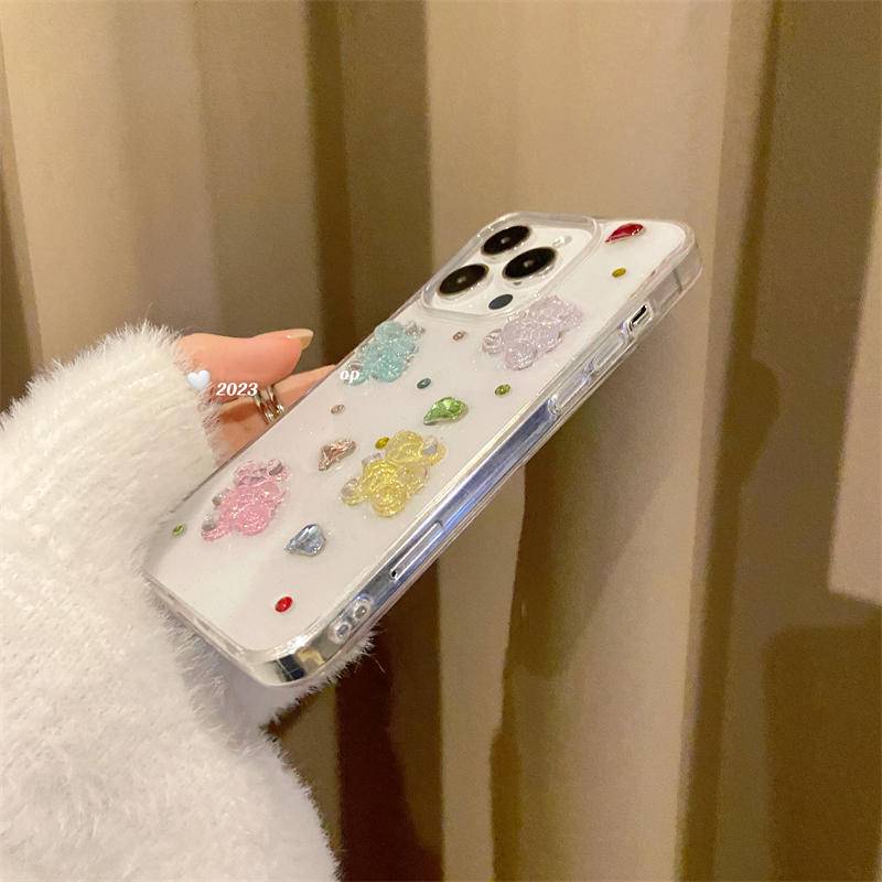 Casing Ponsel Beruang Warna Permen Glitter Lucu 3D Untuk Iphone14 13 12 11 Pro MAX Plus Mini Love Diamand Bening Soft Cover Untuk iPhone X XS MAX XR 7 8 Plus SE 2022 2020