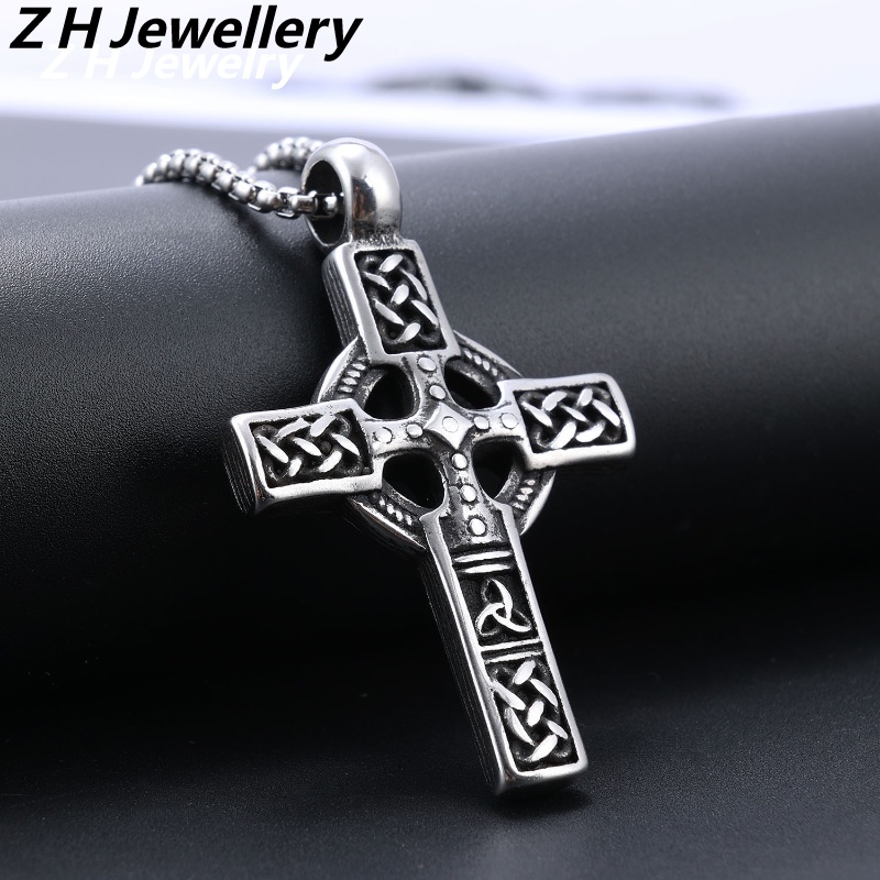 [Z H Perhiasan] Vintage Nordic Viking Punk Liontin Salib Pria Dan Wanita Fashion Stainless Steel Kalung Hip Hop Pesta Perhiasan Aksesoris