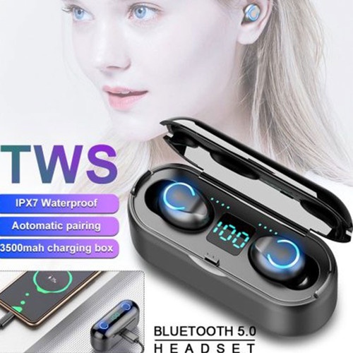 Headset Wireless HF Bluetooth TWS F9 + Powerbank