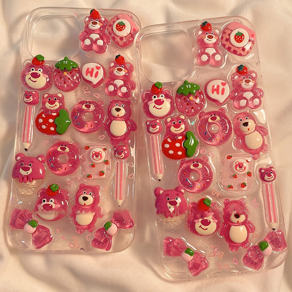 IPHONE Lucu Permen Jelly Warna 3D Strawberry Bear Phone Case Untuk Iphone14 13 12 11 Pro Max Cases Lembut Glitter Transparan Cover