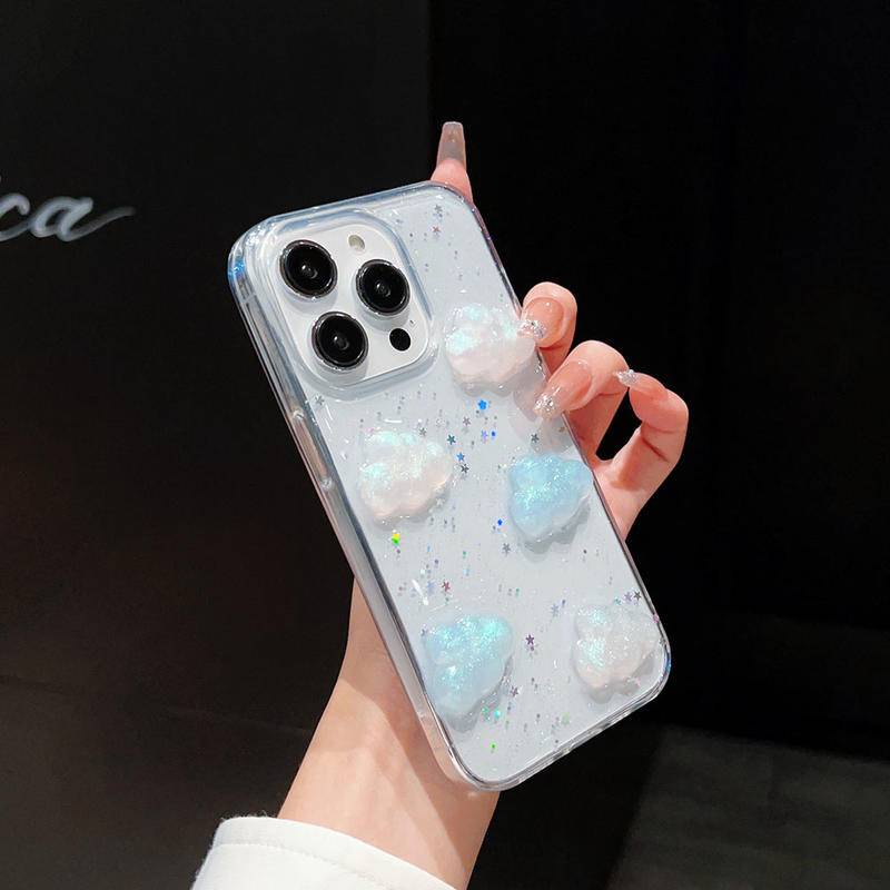 Casing Ponsel 3D Awan Glitter Untuk iPhone 14 13 12 11 Pro MAX Plus Mini Bintang Payet Bening Lembut Pelindung Cover Untuk iPhone X XS MAX XR 7 8 Plus SE 2022 2020 14Plus 13Mini 12Mini