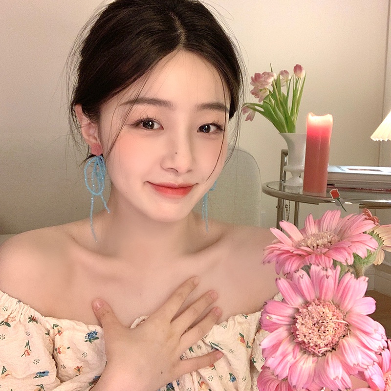 Anting Rumbai Manik-Manik Bunga Warna Kontras Gaya Korea Untuk Wanita