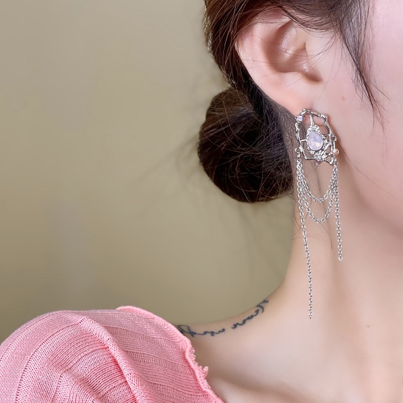 Yeezii Anting Tusuk Zirkon Pink Individu Silver Rumbai Earings Untuk Perhiasan Aksesoris Wanita