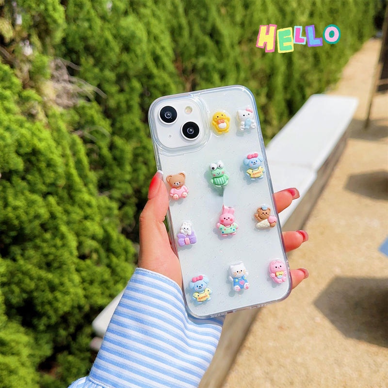 Lucu Drop Lem Akrilik 3D Kelinci Beart Kapal Gadis Anjing Kartun Case Untuk Iphone14 13 12 11 Pro MAX Plus Mini Shockproof Cover Untuk iPhone X XS MAX XR 7 8 Plus SE 2022 2020