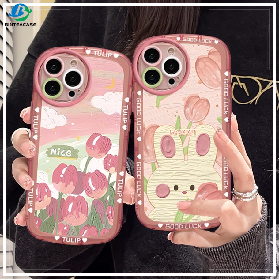 Realme 10 C55 5 5i 6i C3 C35 C33 C21Y C25Y RealmeC11 C11 2021 C25 C15 C12 C2 C1 Kucing Kelinci Dan Tulip Bening Lembut TPU Phone Case Cover Binteacase