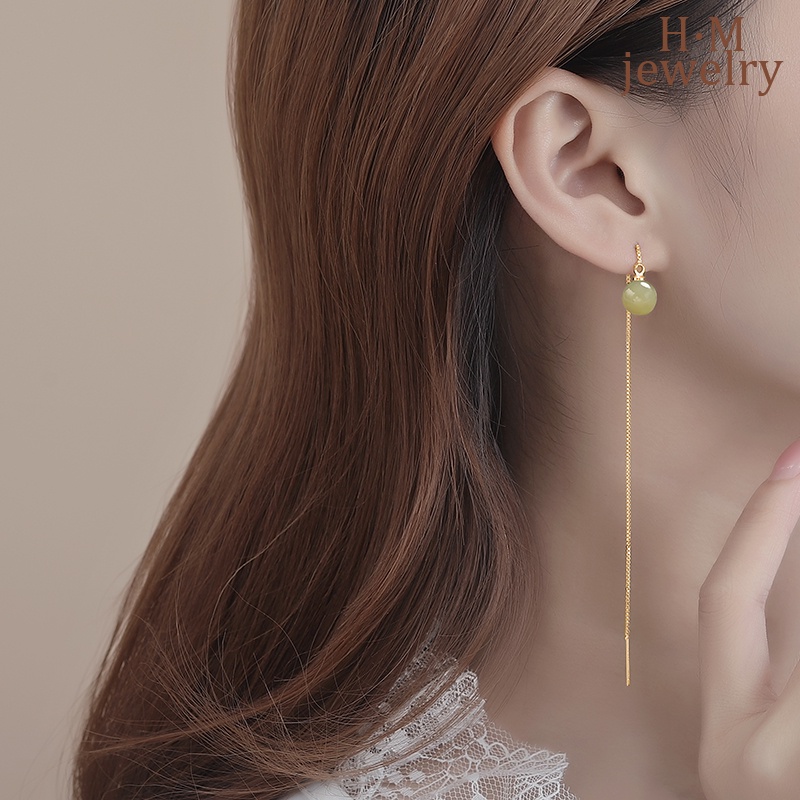 S925 Perak Giok 8mm Manik-Manik Bulat Anting Gantung Perempuan Anggun Dan Modis