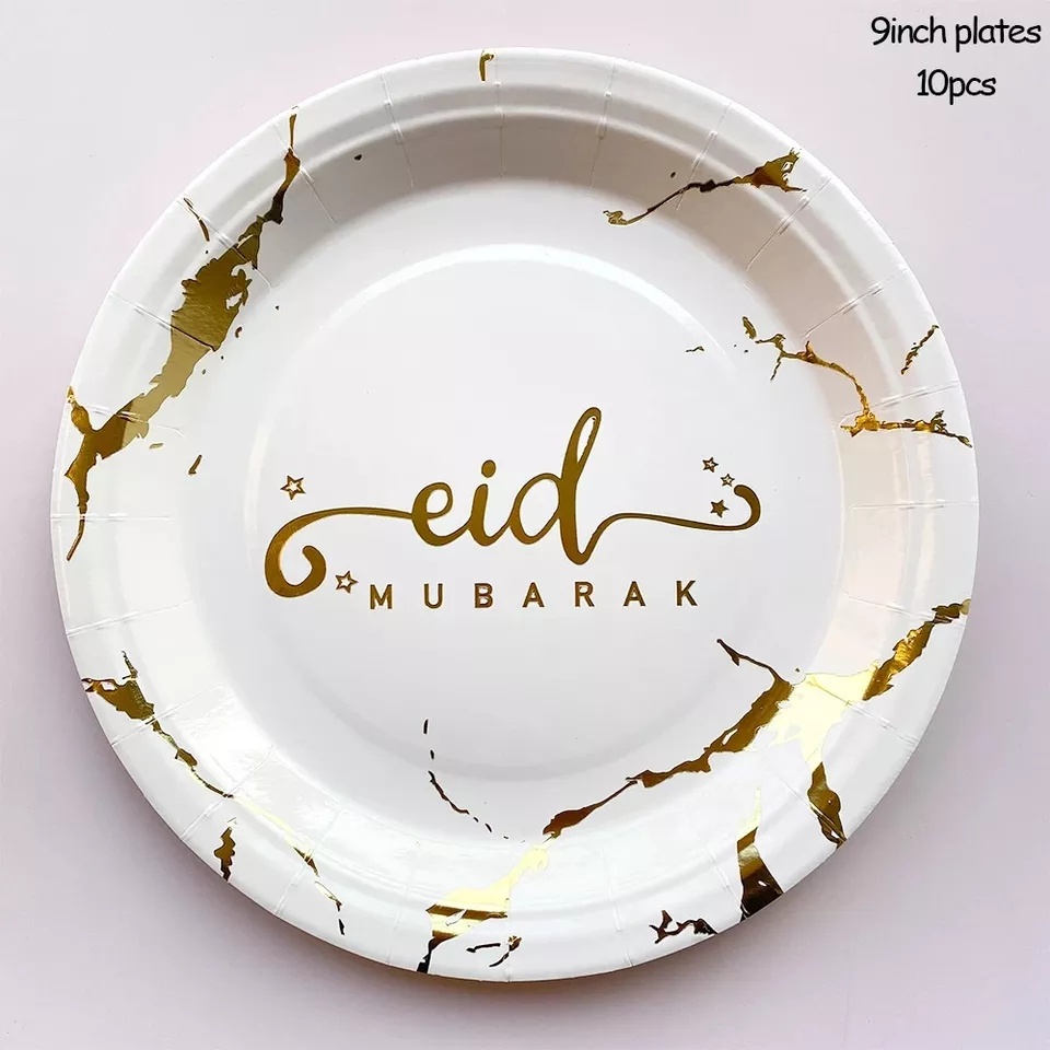 PIRING KERTAS LEBARAN ECO FRIENDLY / BAGASSE ROUND PLATE RAMAH LINGKUNGAN / PARTY PLATE PAPER PLATE / PIRING KERTAS PRAKTIS DAN MURAH MERIAH / WHITE GOLD BLACK GOLD EID MUBARAK PIRING KERTAS SEKALI PAKAI TIDAK PERLU CUCI / PIRING KERTAS EDISI IDUL FITRI