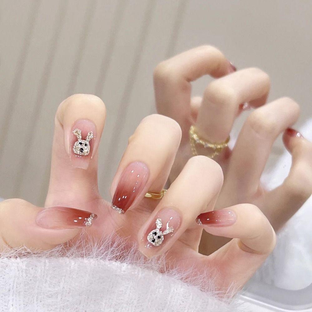 AUGUSTINA Agustinina Kuku Palsu Dilepas Wanita Lucu Buatan Kelinci Wearable Press On Nail Tips Penutup Penuh Nail Art Tips