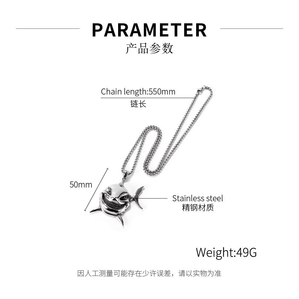[X C Kalung] Baru Perak Hiu Baja Titanium Liontin Punk Hip Hop Stainless Steel Kalung Hadiah Pesta Ulang Tahun Untuk Pria Dan Wanita