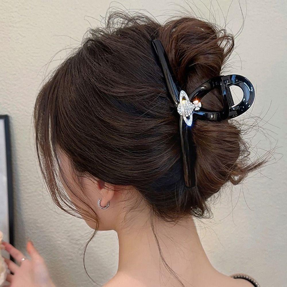 Agustinina Planet Hair Claw Back Head Elegant Retro Shark Clip Hair Clip Diamond Ponytail Holder Besar Ambil Klip Aksesoris Rambut