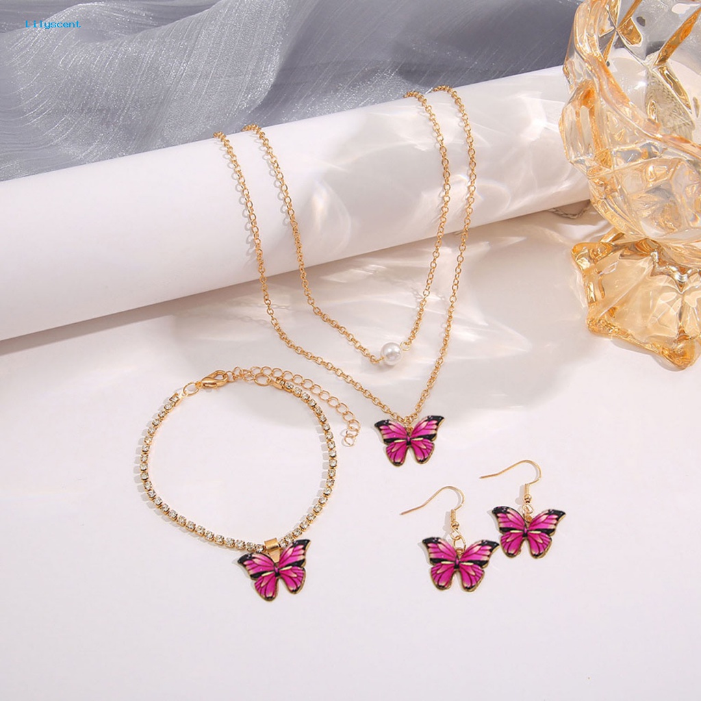 Lilyscent 3 Pcs/Set Mudah Cocok Kupu-Kupu Set Perhiasan Wanita Aksesori Kalung Menjuntai Anting Gelang Set High Gloss