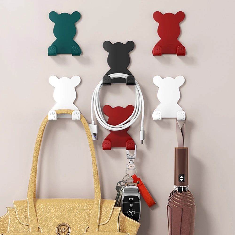 Cute Bear Punch-free Strong Double Hook/Gantungan Di Balik Pintu Kait Penyimpanan Silet Kamar Mandi/Rak Colokan Kreatif Tempat Kunci/Power Line Organizer