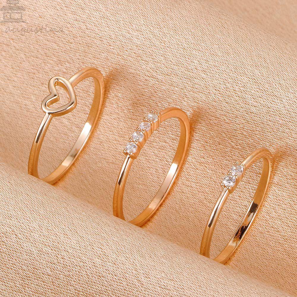 Agustina Cincin Logam 3 Pcs/set Temperamen Vintage Pesta Perhiasan Fashion Aksesoris Berongga Geometris Berlian Imitasi Ekor Rings