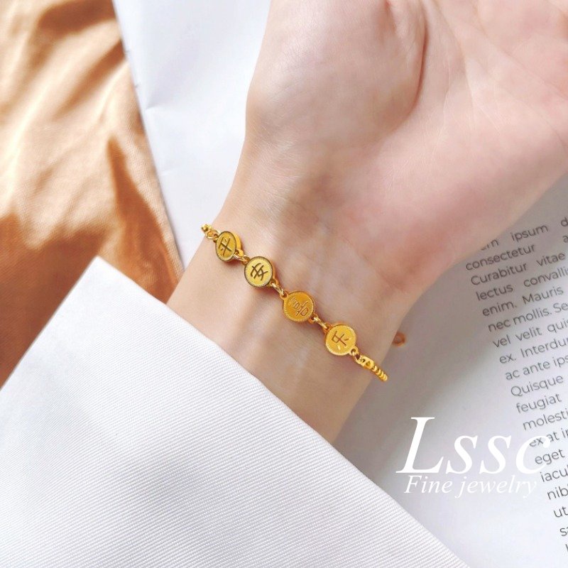 Gelang Manik Titanium Wanita Anti Karat Emas 18K Karakter China Keberuntungan Aksesoris Perhiasan