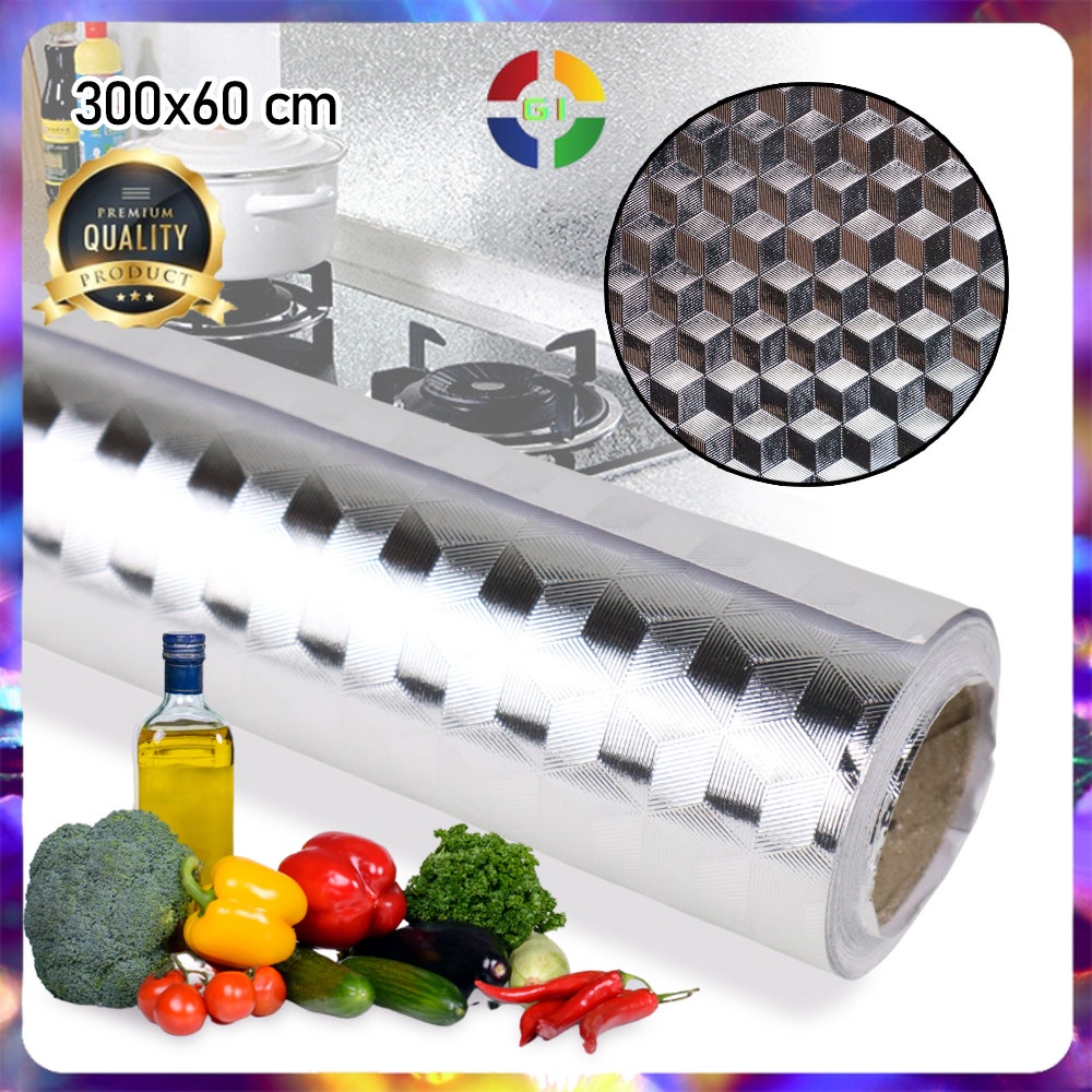 Wallpaper Anti Minyak Aluminium Foil Waterproof 300x60cm Cubic Silver