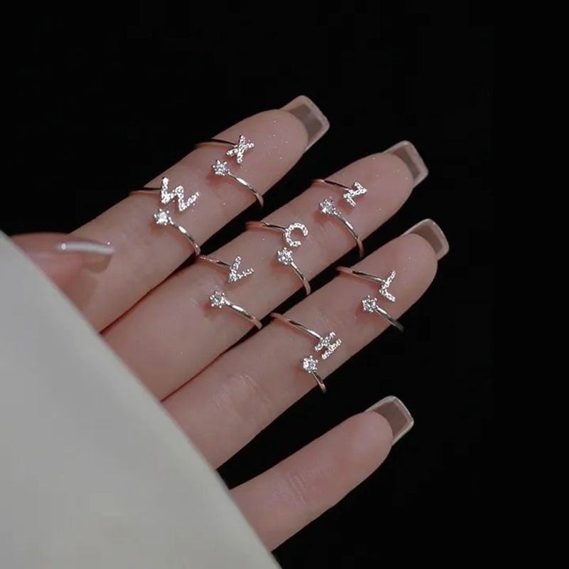 Korea Sederhana Surat Liar Berlian 26huruf Inggris Terbuka Adjustable Cincin Halo Perhiasan Gadis