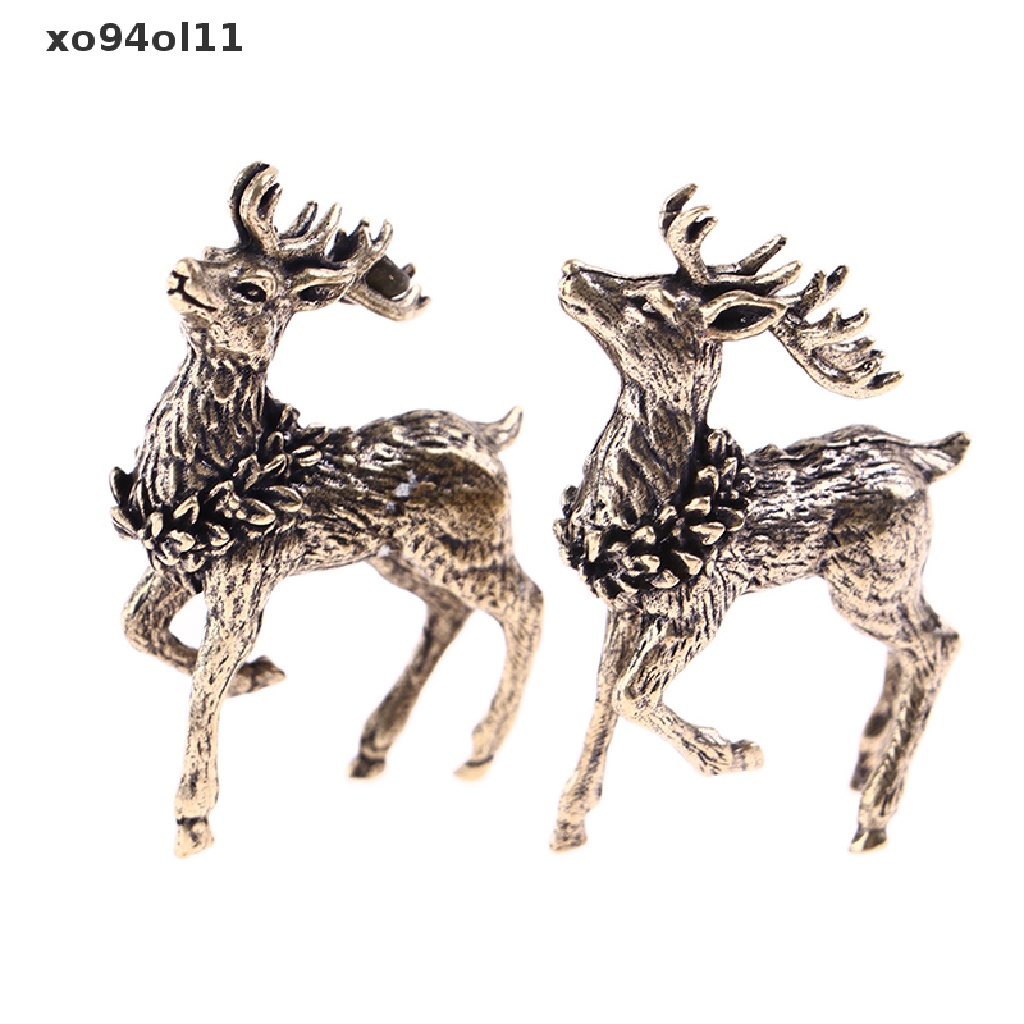 Xo 2PCS Ornamen Patung Rusa Tembaga Murni Patung Miniatur Rusa Kuningan Solid OL