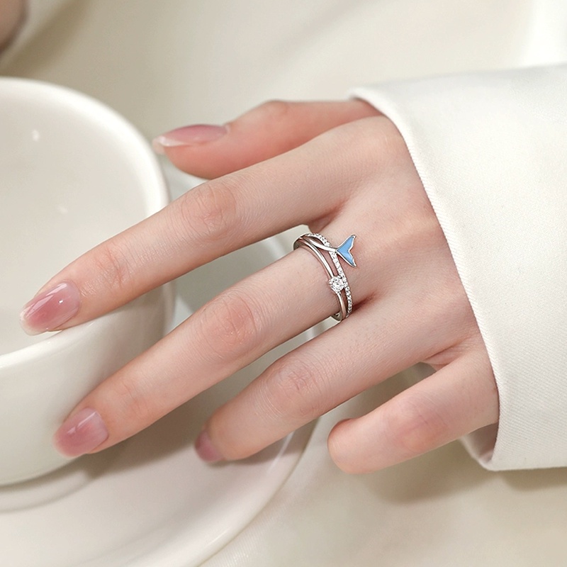 Papaozhu Bergaya Berkilau Kristal Biru Fishtail Terbuka Cincin Untuk Wanita Gadis Chic Bersinar Zirkon Buku Jari Cincin Kepribadian Perhiasan