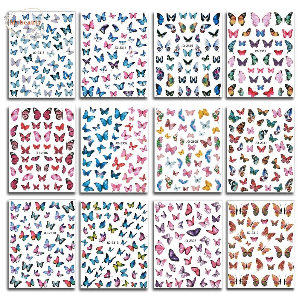 Mxbeauty Stiker Kuku Kupu-Kupu Set 12 Pcs Warna-Warni Fashion Ins Gaya Musim Semi Perekat Diri Nail Art Dekorasi