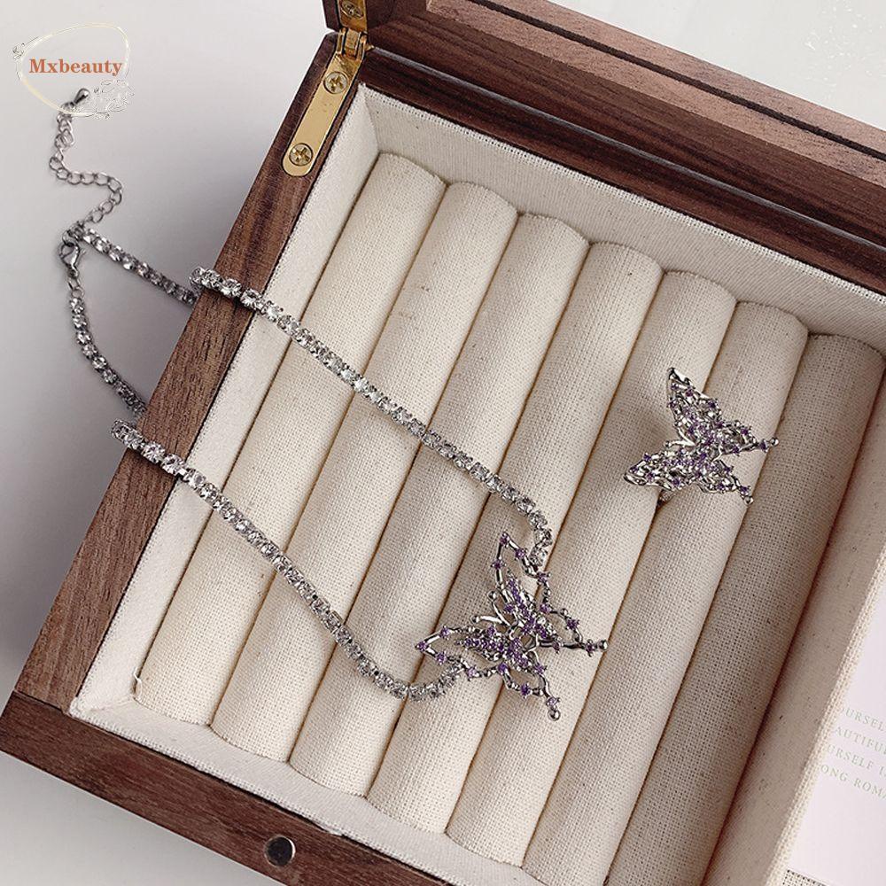 Mxbeauty Ungu Zirkon Kalung Perhiasan Aksesoris Kepribadian Mewah Kupu-Kupu Klavikula Rantai Berlian Imitasi Y2K Rings Alloy Kristal Gaya Korea Choker