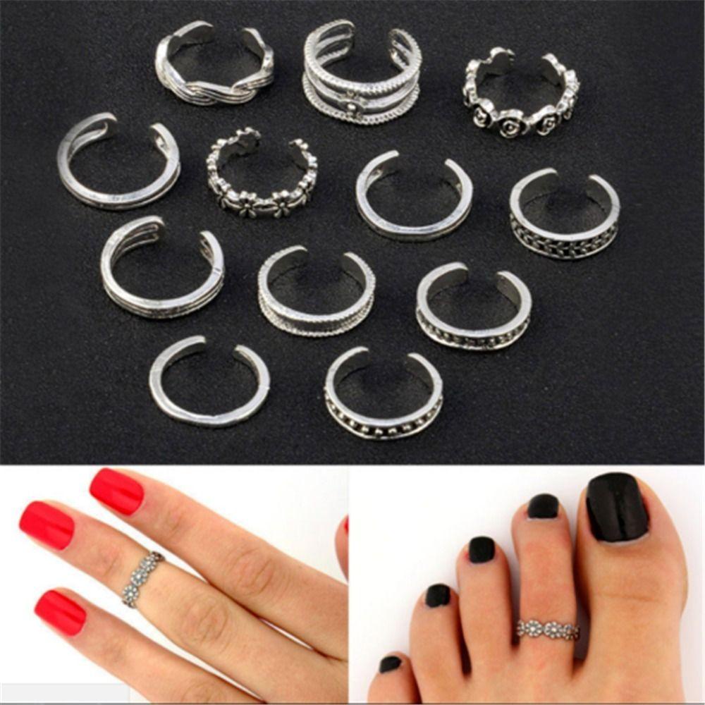 R-flower 12Pcs/Set Kaki Cincin Set Wanita Buka Paduan Toe Rings