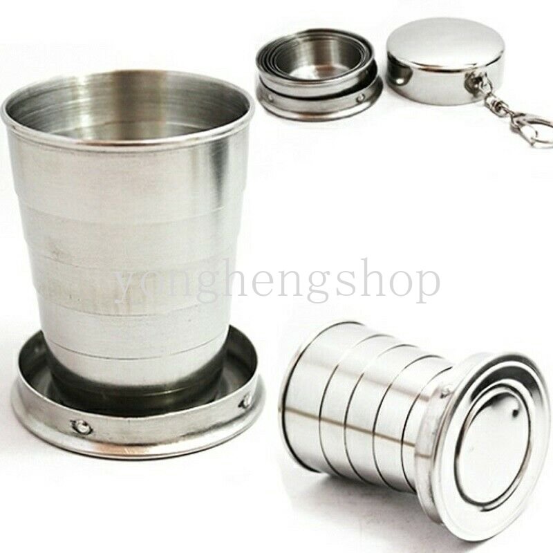 75ml Stainless Steel Cangkir Lipat Perjalanan Luar Ruangan Camping Portable Collapsible Water Cups with Keychain Lid Hiking Olahraga Mug Cangkir Teh