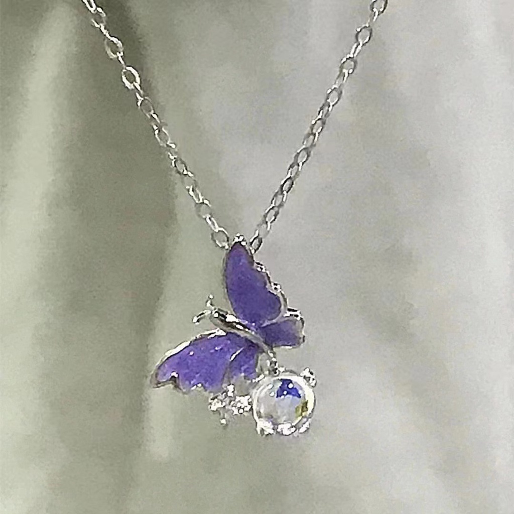 Ins Bubble Butterfly Necklace Kalung Liontin Opal Zircon Kupu-Kupu Ungu Korea Untuk Wanita