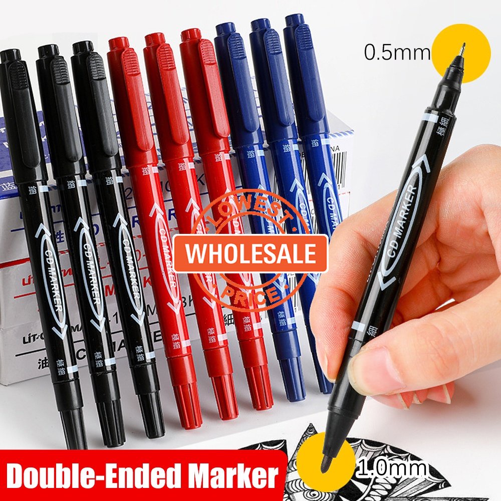 [Harga Grosir] 1pc Double-Ended Extra-Fine Point Marker Hitam Biru Merah Tinta Dual Tip Tipis Liner Pen Anti-Fading Tahan Air Berminyak Pena Untuk Menulis Gambar Sketsa