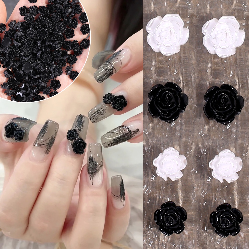 [Unggulan] 50 /100Pcs/Tas Elegan Glitter Dekorasi Kuku Hitam Putih Camelia Rose Stereo Hiasan Kuku Resin Camellia Nail Art DIY Manicure Aksesoris Nail Drill