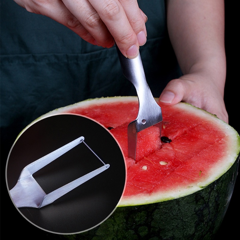 Pemotong Jelly Keju Cepat 2in1 Stainless Steel Garpu Buah Kue Dessert Salad Cabang Meratakan Semangka Blok Slicer Peralatan Makan Pub Dapur Kreatif
