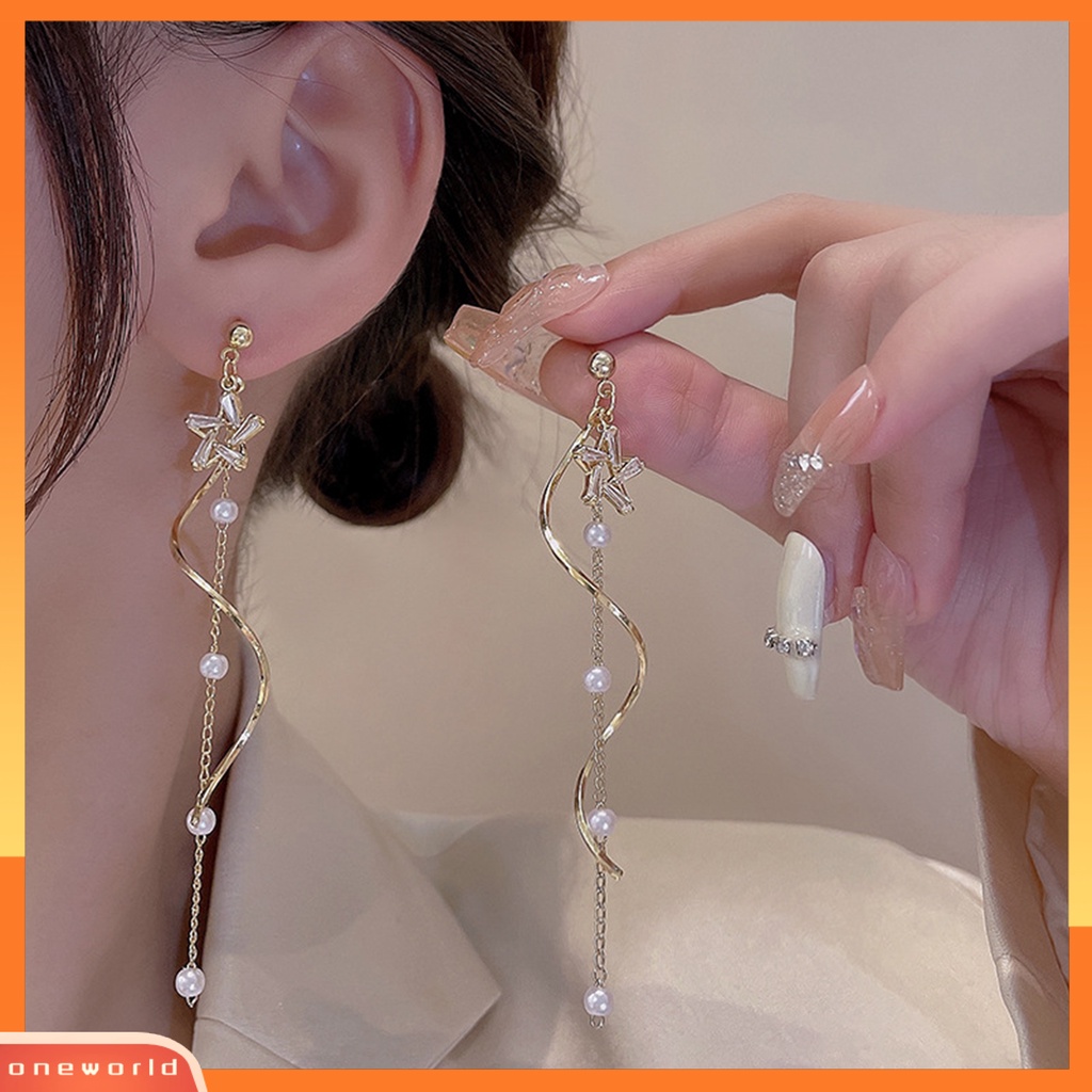 [EONE] 1pasang Women Drop Earrings Shiny Star Faux Pearl Panjang Rumbai Liontin Gaun Elegan Paduan Perhiasan Pesta Pernikahan Women Earrings Jewelry Hadiah Pakaian Pesta