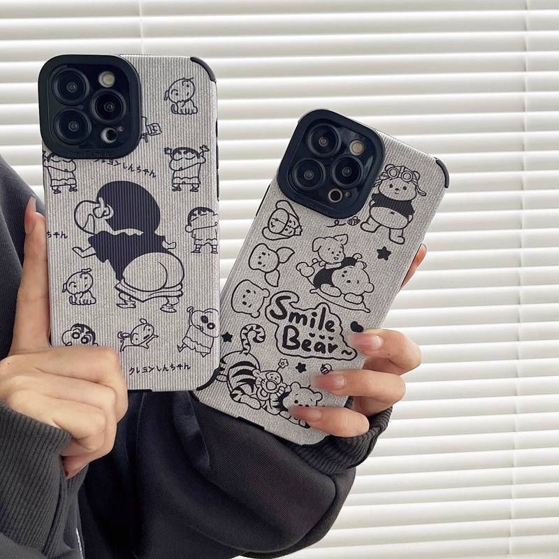 So Cute Gray Grey Winnie Bear Leather Soft Case iP iPhone 7 8 Plus SE 2020 X XR XS Max 11 12 13 14 Pro Max 14 Plus Camera Protect Cartoon Anime Crayon Shin-chan