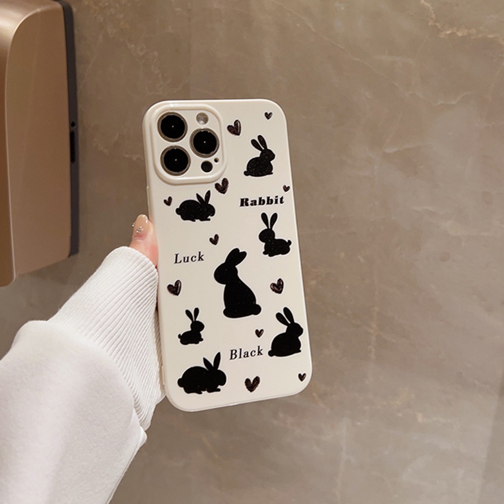 IPHONE Siluet Kelinci Rabbits Lucu Dengan Cinta Hati Hitam Perlindungan Penuh Casing Ponsel Cover Untuk Iphone11 12 13 14 PLUS PRO MAX