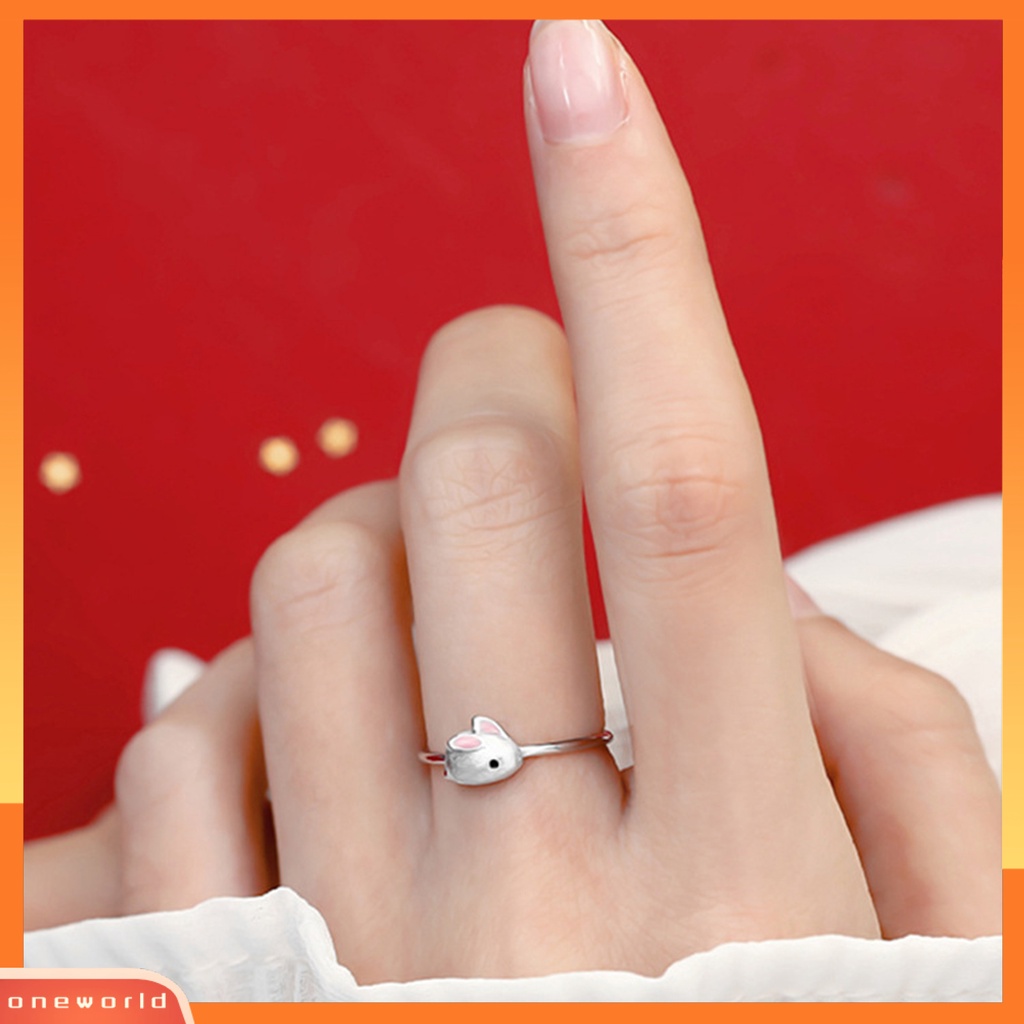 [EONE] Wanita Cincin Manis Glasir Cubic Zirconia Tergabung Adjustable Desain Pembukaan Dekoratif Hadiah Tahun Baru Kelinci Lucu Jari Telunjuk Cincin Hewan Perhiasan Aksesori Busana