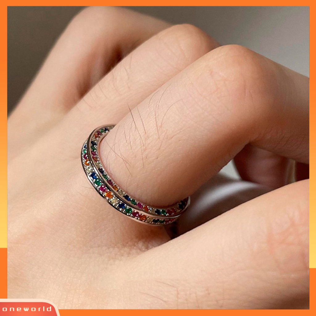 [EONE] Wanita Cincin Terbuka Dapat Disesuaikan Dipoles Warna Perak Pelangi Mengkilap Berlian Imitasi Bertatahkan Jari Cincin Fashion Perhiasan