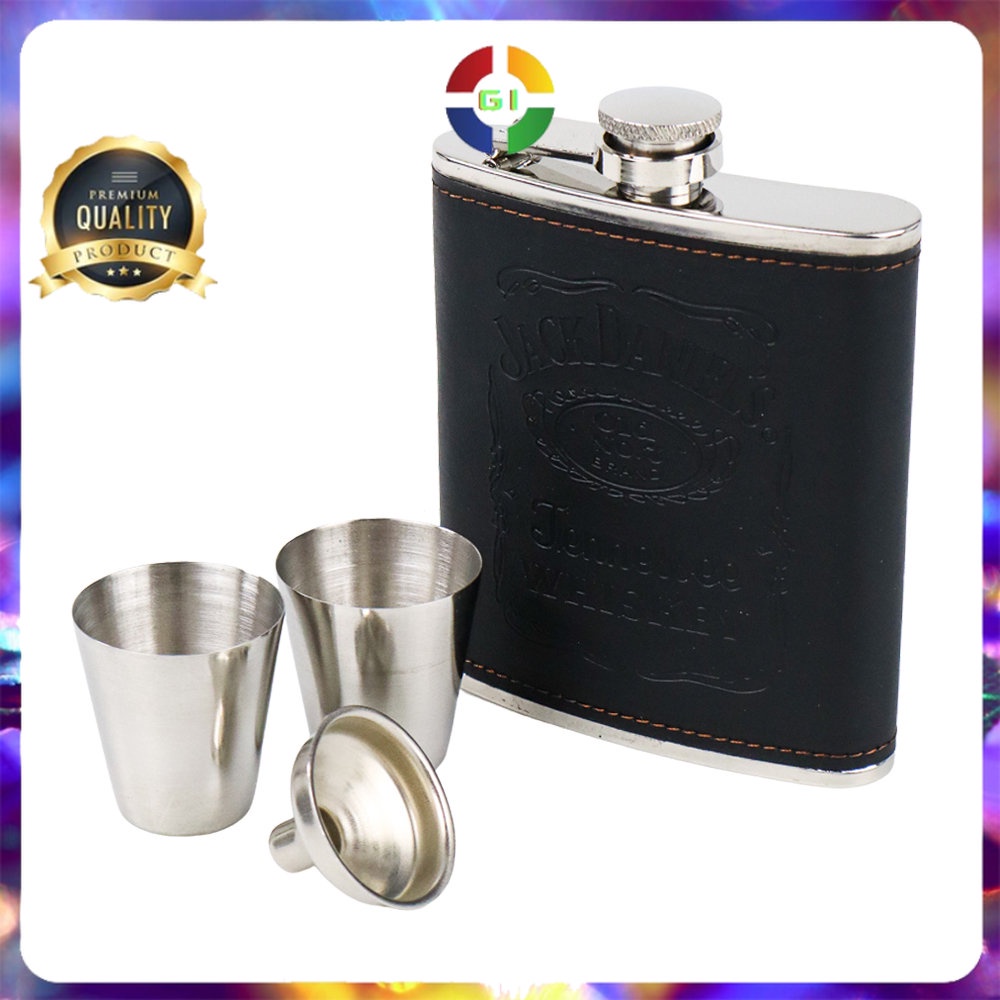 Botol Bir Hip Flask Stainless Leather 7Oz with Shot Glass Black