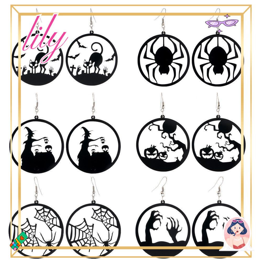 Lily Halloween Drop Earrings Hadiah Pesta Bulat Kucing Hitam Labu Spider Tangan Hallowmas Kostum Cosplay