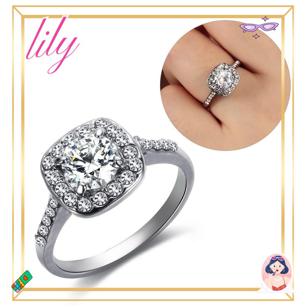 Cincin Tunangan LILY Perhiasan Mewah Warna Perak Cubic Zirconia Putih