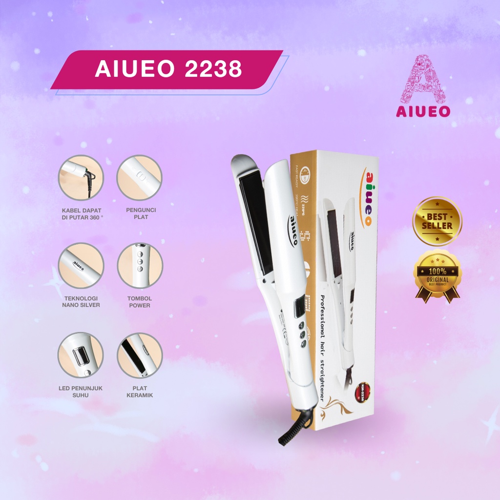 [GARANSI 18BLN]  •  Catokan Curly Rambut - Hair Straightener Salon Profesional AIUEO 2238 Termurah  | Alat Meluruskan dan Keriting | Catokan Smoothing dan Rebonding - Kabel Putar - Warna Putih