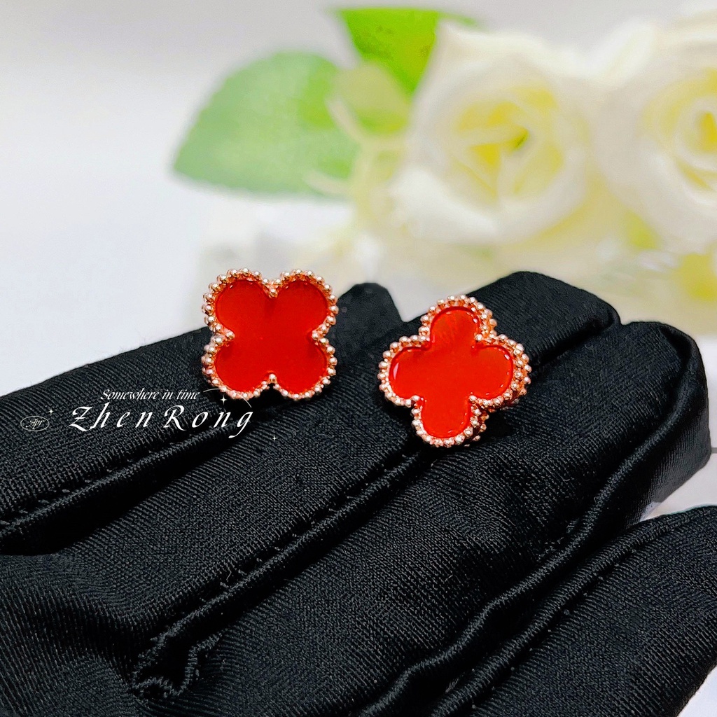 Goldkingdom Fashion Perhiasan Aksesoris Ready Stock Onyx Merah Empat Daun Semanggi Kalung Cincin Wanita Alami Carnelian Stud Earrings