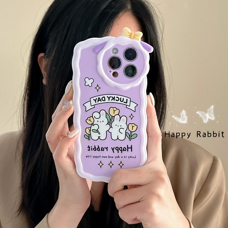 【Lamb Style】Purple Happy Rabbit Soft TPU Case HP iP iPhone 11 12 13 14 Pro Max 7 8 + Plus SE 2020 X XS XR Max Girl Woman FTD Casing Apple