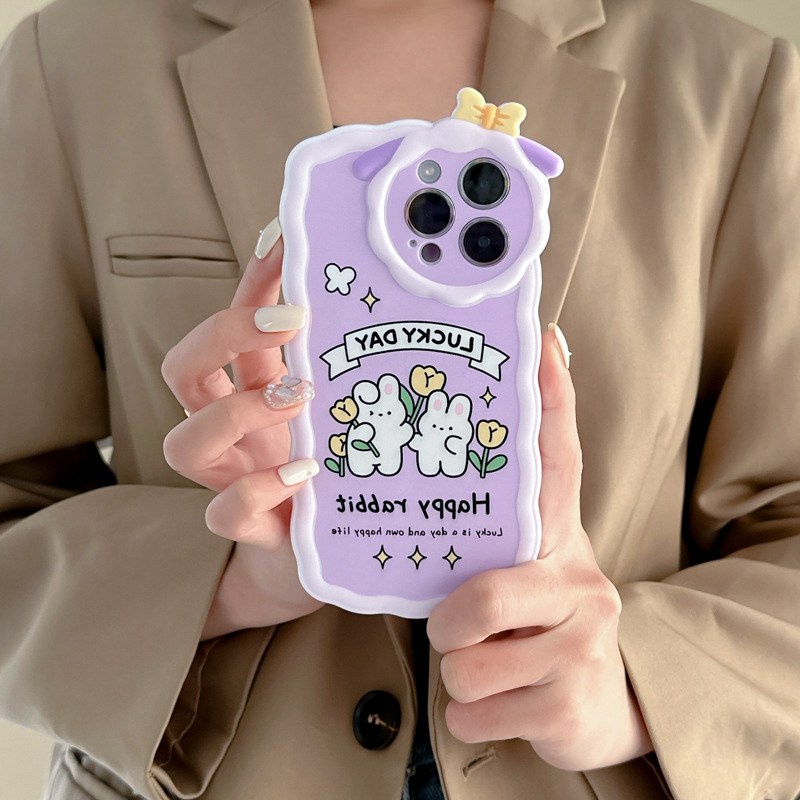 【Lamb Style】Purple Happy Rabbit Soft TPU Case HP iP iPhone 11 12 13 14 Pro Max 7 8 + Plus SE 2020 X XS XR Max Girl Woman FTD Casing Apple