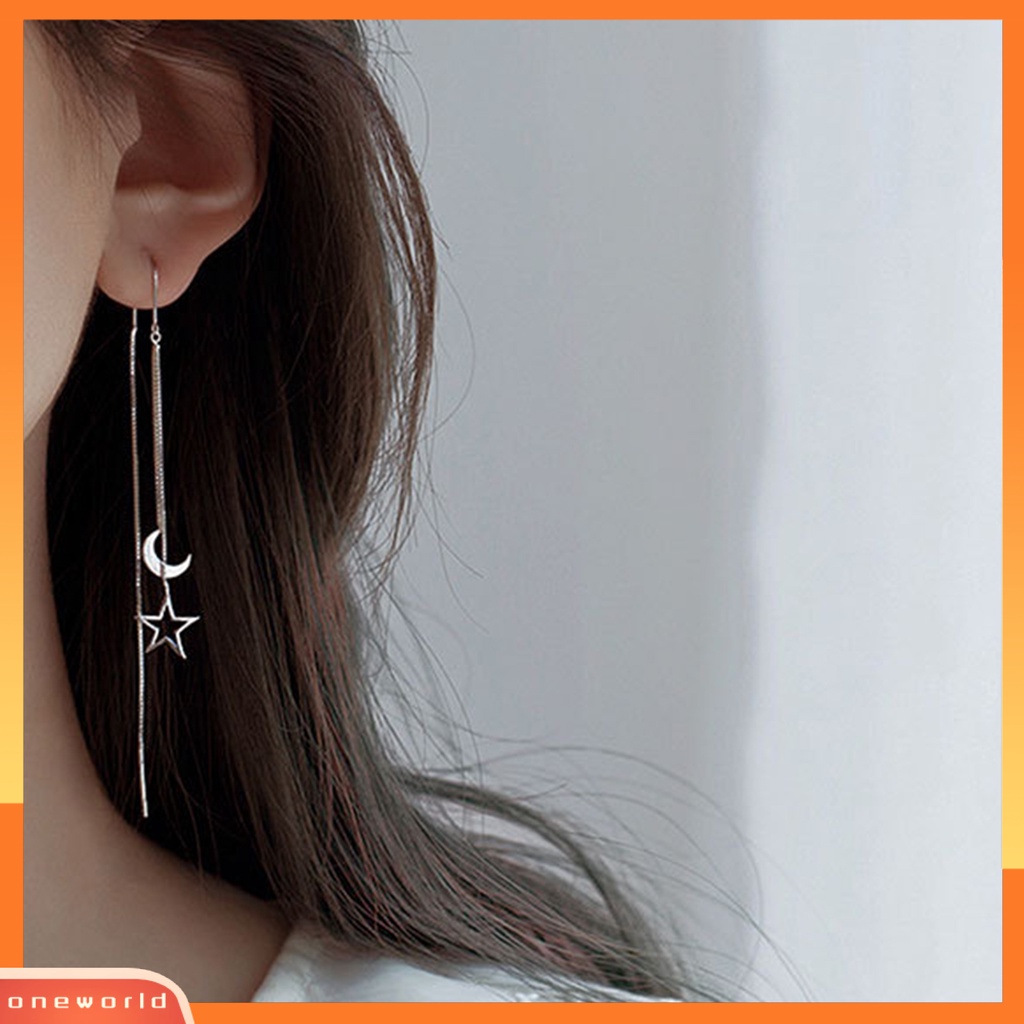 [EONE] 1pasang Anting Menjuntai Warna Perak Jumbai Super Panjang Mungil Bintang Bulan Liontin Wanita Linear Earrings Fashion Perhiasan